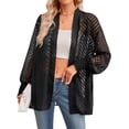 thumbnail image 1 of HUBERY Women Jacquard Lantern Long Sleeve Open Front Solid Color Cardigan, 1 of 7