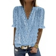 thumbnail image 1 of HUBERY Women Lace Crochet Spliced V Neck Keyhole Back Short Sleeve Top, 1 of 3