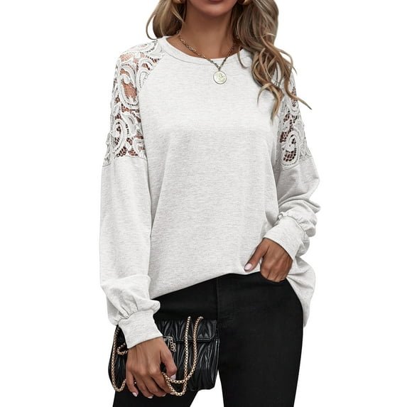 HUBERY Women Lace Cut Out Crochet Spliced Long Sleeve Crew Neck Solid Color Top