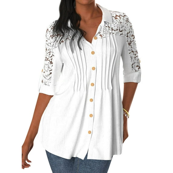 HUBERY Women Lace Patchwork Button Lapel Collar Half Sleeve Pleated Top