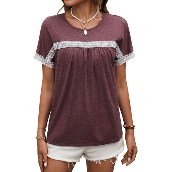 HUBERY Women Lace Patchwork Pleated Crew Neck Short Sleeve Top