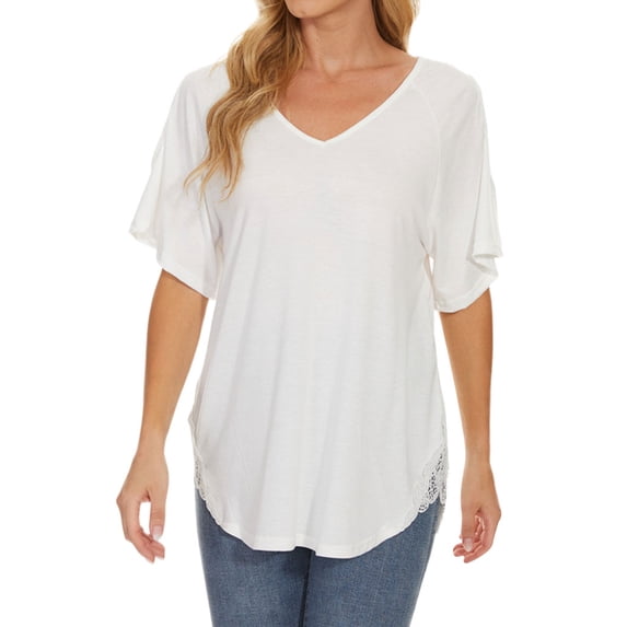 HUBERY Women Lace Splice V Neck Cut Out Sleeve Solid Color Blouse