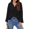 thumbnail image 1 of HUBERY Women Lace Spliced V Neck Lantern Long Sleeve Solid Color Chiffon Top, 1 of 7