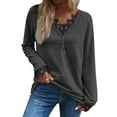 thumbnail image 1 of HUBERY Women Lace Trimmed Spliced V Neck Button Raglan Sleeve Solid Color Top, 1 of 7