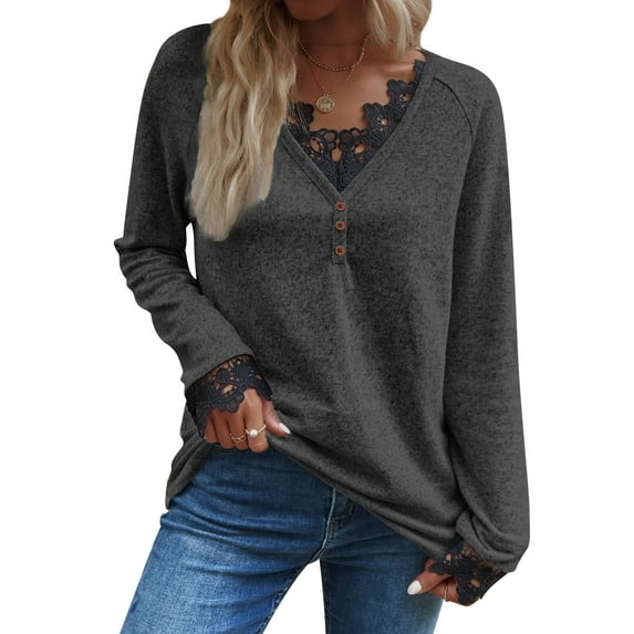 HUBERY Women Lace Trimmed Spliced V Neck Button Raglan Sleeve Solid Color Top