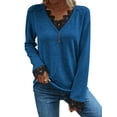 thumbnail image 1 of HUBERY Women Lace Trimmed Spliced V Neck Button Raglan Sleeve Solid Color Top, 1 of 7