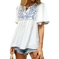 thumbnail image 1 of HUBERY Women Lace Up Floral Printed Ruffled Spliced Flare Short Sleeve Blouse, 1 of 5