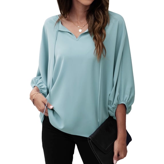HUBERY Women Lace Up V Neck Batwing Long Sleeve Elastic Cuff Solid Color Top