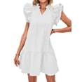 thumbnail image 1 of HUBERY Women Lace Up V Neck Layered Ruffle Sleeves Flouncing Hem Mini Dress, 1 of 7