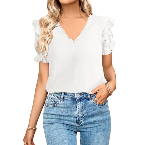 HUBERY Women Lace V Neck Cutout Puff Sleeve Ruffle Spliced Solid Color Top