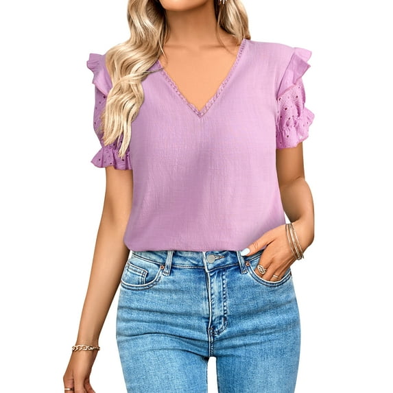 HUBERY Women Lace V Neck Cutout Puff Sleeve Ruffle Spliced Solid Color Top