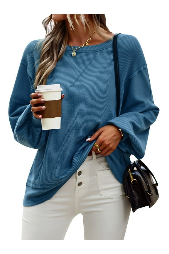 Women Lantern Long Sleeve Spliced Crew Neck Solid Color Knitted Top