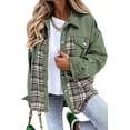 thumbnail image 1 of HUBERY Women Lapel Collar Plaid Spliced Long Sleeve Snap Button Pocket Jacket, 1 of 5