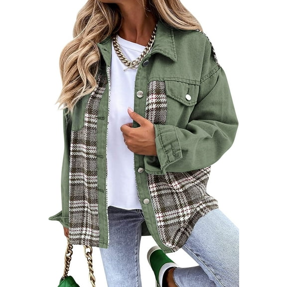 HUBERY Women Lapel Collar Plaid Spliced Long Sleeve Snap Button Pocket Jacket