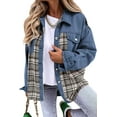thumbnail image 1 of HUBERY Women Lapel Collar Plaid Spliced Long Sleeve Snap Button Pocket Jacket, 1 of 5
