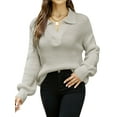 thumbnail image 1 of HUBERY Women Lapel V Neck Ribbed Knitted Long Sleeve Solid Color Pullover Sweater, 1 of 5