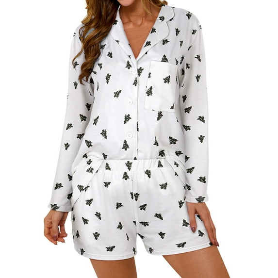HUBERY Women Lapel V Neck Tree Pattern Long Sleeve Pocket Sleepwear Set