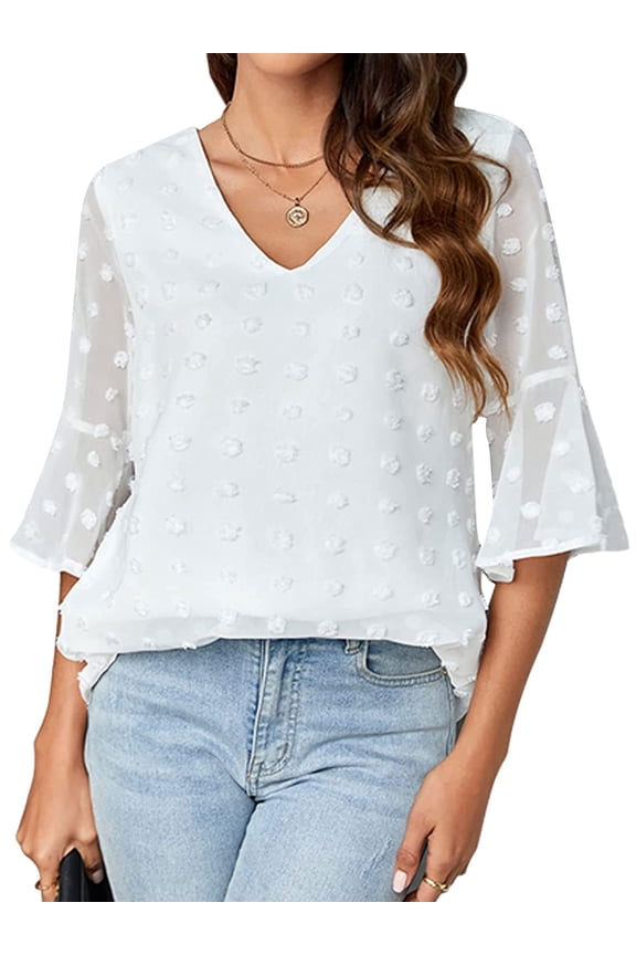 Women Layered Swiss Dot Flare Sleeve V Neck Solid Color Blouse
