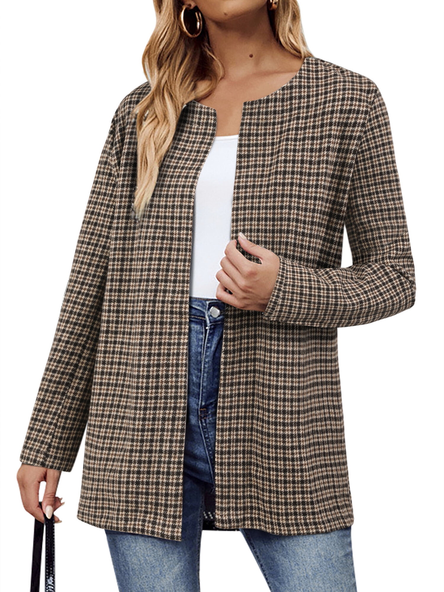 HUBERY Women Open Front Long Sleeve Houndstooth Plaid Print Cardigan ...