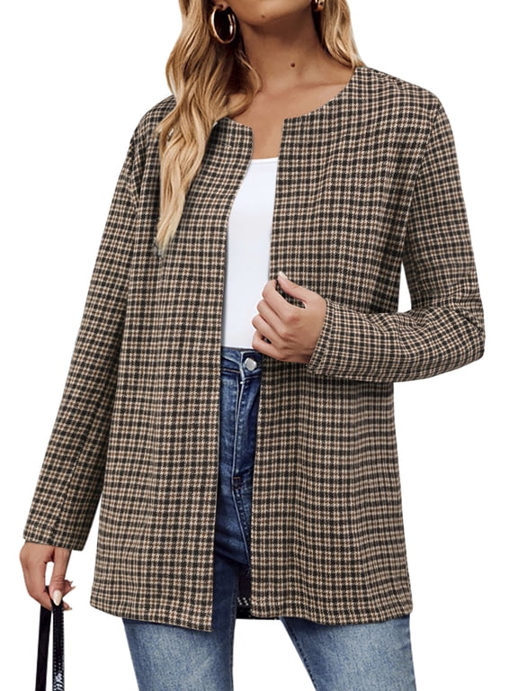Women Open Front Long Sleeve Houndstooth Plaid Print Cardigan