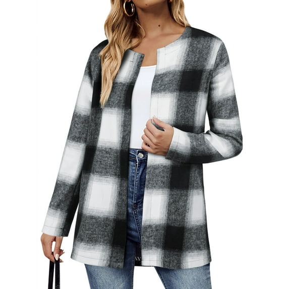 HUBERY Women Open Front Long Sleeve Houndstooth Plaid Print Cardigan