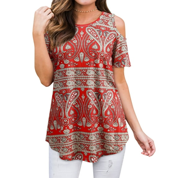 Hibeli Women Floral Paisley Print Summer T Shirts Cold Shoulder Tunic Top Blouse