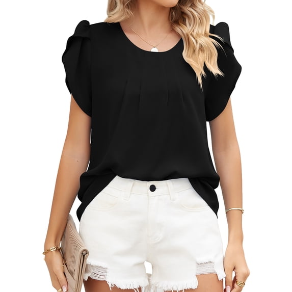 HUBERY Women Petal Short Sleeve Crewneck Pleated Solid Color Pullover Top