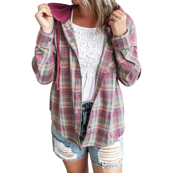 Hibeli Plaid Flannel Shirts for Women Long Sleeves Hooded Button Down Shirt Blouse