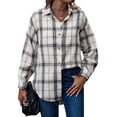 thumbnail image 1 of HUBERY Women Plaid Printed Color Block Lapel Collar Button Down Long Sleeve Shirt, 1 of 7