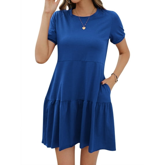 HUBERY Women Pleated Layered Hem Pocket Crew Neck Short Sleeve Mini Dress