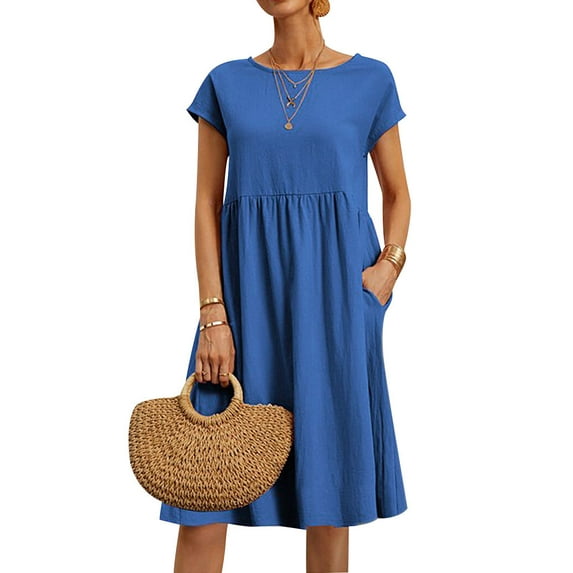 HUBERY Women Pleated Pocket Crew Neck Short Sleeve Solid Color Dress