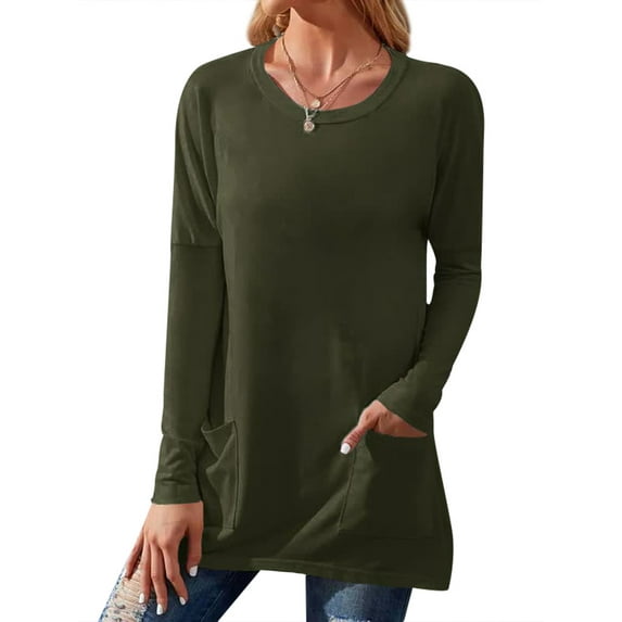 HUBERY Women Pocket Spliced Crew Neck Long Sleeve Solid Color Mid Length Top