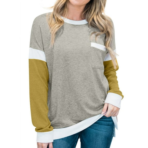 HUBERY Women Pocket Splicing Color Block Crew Neck Long Sleeves Shirt