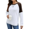 thumbnail image 1 of HUBERY Women Raglan Long Sleeve Color Block Spliced Crew Neck Split Hem Top, 1 of 4