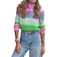 thumbnail image 1 of HUBERY Women Rainbow Color Block High Neck Long Sleeve Ribbed Knit Pullover Top, 1 of 2