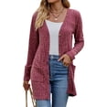 thumbnail image 1 of HUBERY Women Rib Button Down Long Sleeve Pockets Solid Color Cardigan, 1 of 7