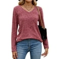 thumbnail image 1 of HUBERY Women Rib Knitted V Neck Long Sleeve Solid Color Pullover Top, 1 of 7