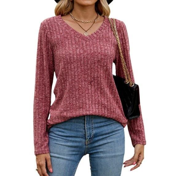 HUBERY Women Rib Knitted V Neck Long Sleeve Solid Color Pullover Top