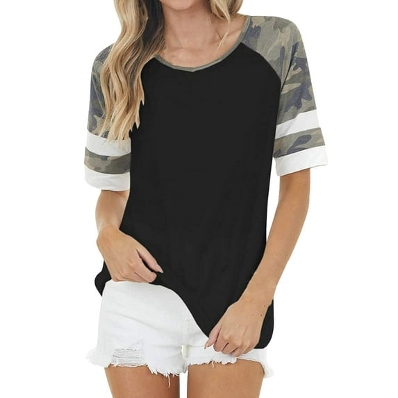 HUBERY Women Round Neck Camo Spliced Colorblock Short Sleeve T-Shirt