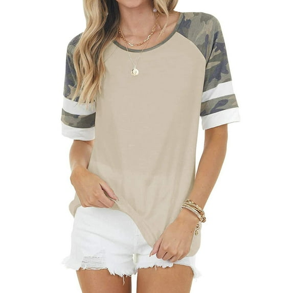 HUBERY Women Round Neck Camo Spliced Colorblock Short Sleeve T-Shirt