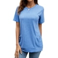 thumbnail image 1 of HUBERY Women Round Neck Short Sleeve Pockets Spliced Solid Color Shirt, 1 of 5