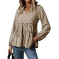 thumbnail image 1 of HUBERY Women Ruching Layered Hem V Neck Long Sleeve Elastic Cuff Solid Color Top, 1 of 7