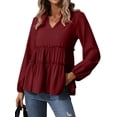 thumbnail image 1 of HUBERY Women Ruching Layered Hem V Neck Long Sleeve Elastic Cuff Solid Color Top, 1 of 7