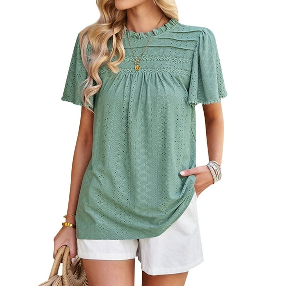 HUBERY Women Ruffle Neck Pleated Flare Short Sleeve Cutout Solid Color T-Shirt