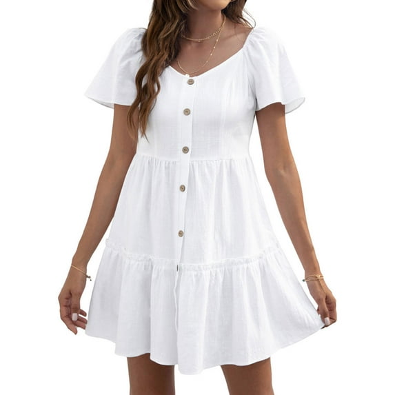 HUBERY Women Ruffle Short Sleeve Buttons Solid Color Spliced Tiered Mini Dress