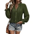 thumbnail image 1 of HUBERY Women Ruffle Trim Long Sleeve Button Front V Neck Solid Color Chiffon Top, 1 of 4