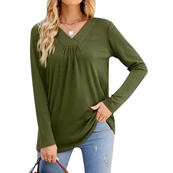 HUBERY Women Ruffled V Neck Long Sleeve Solid Color Pullover Top