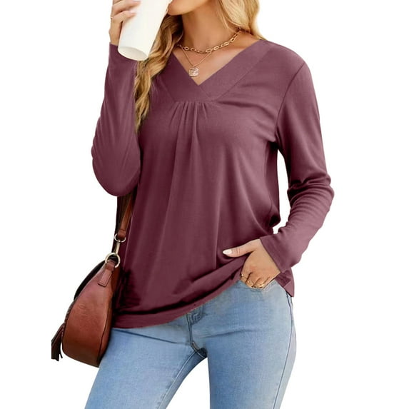 HUBERY Women Ruffled V Neck Long Sleeve Solid Color Pullover Top