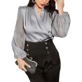 thumbnail image 1 of HUBERY Women Satin Fold V Neck Pleated Lantern Long Sleeve Solid Color Top, 1 of 7