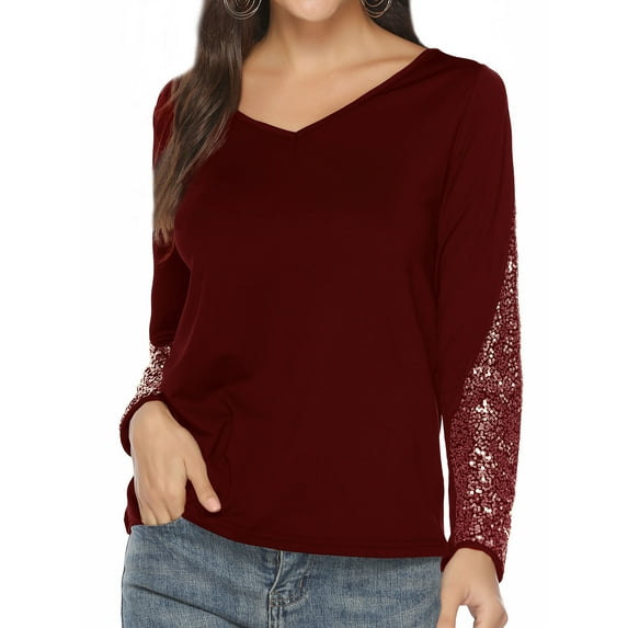 HUBERY Women Sequins Printed Color Block V Neck Long Sleeve Blouse